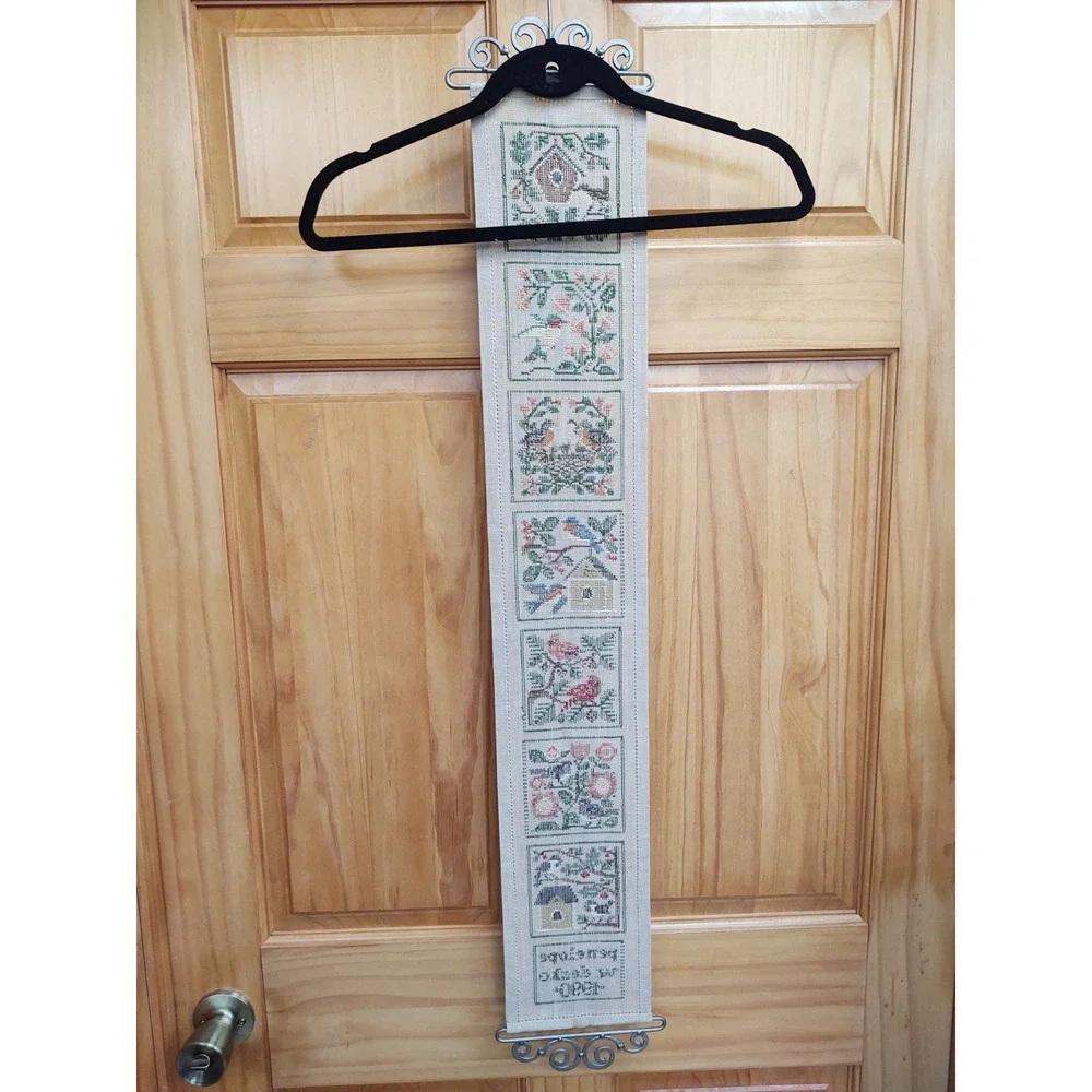Vintage Completed Cross Stitch Birds Bell Brass Hanger 36